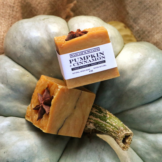 a close up shot of two orange bars of soap sitting on top of a green blue pumpkin